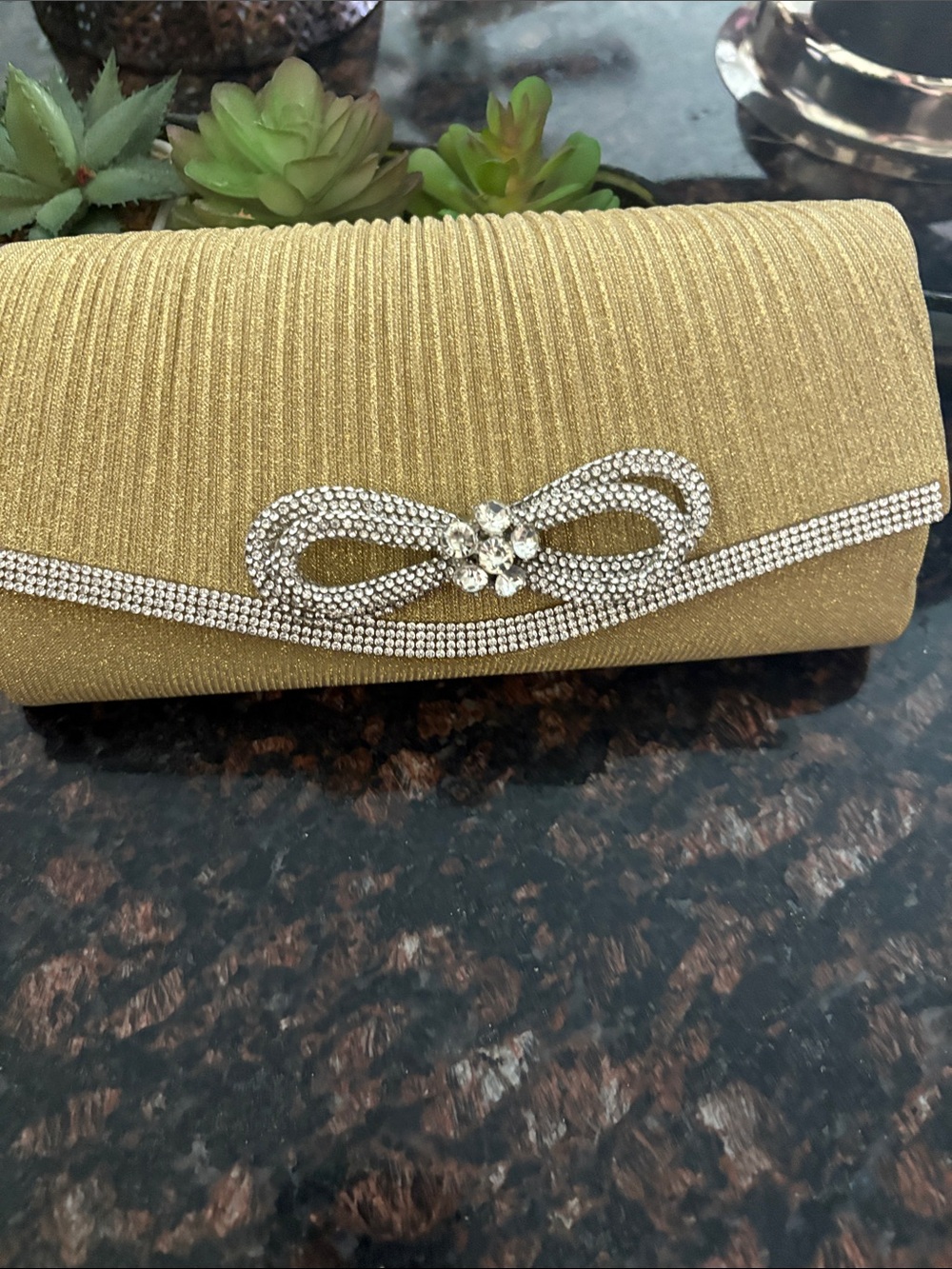 Elegant Gold Rhinestone Bow Evening Clutch